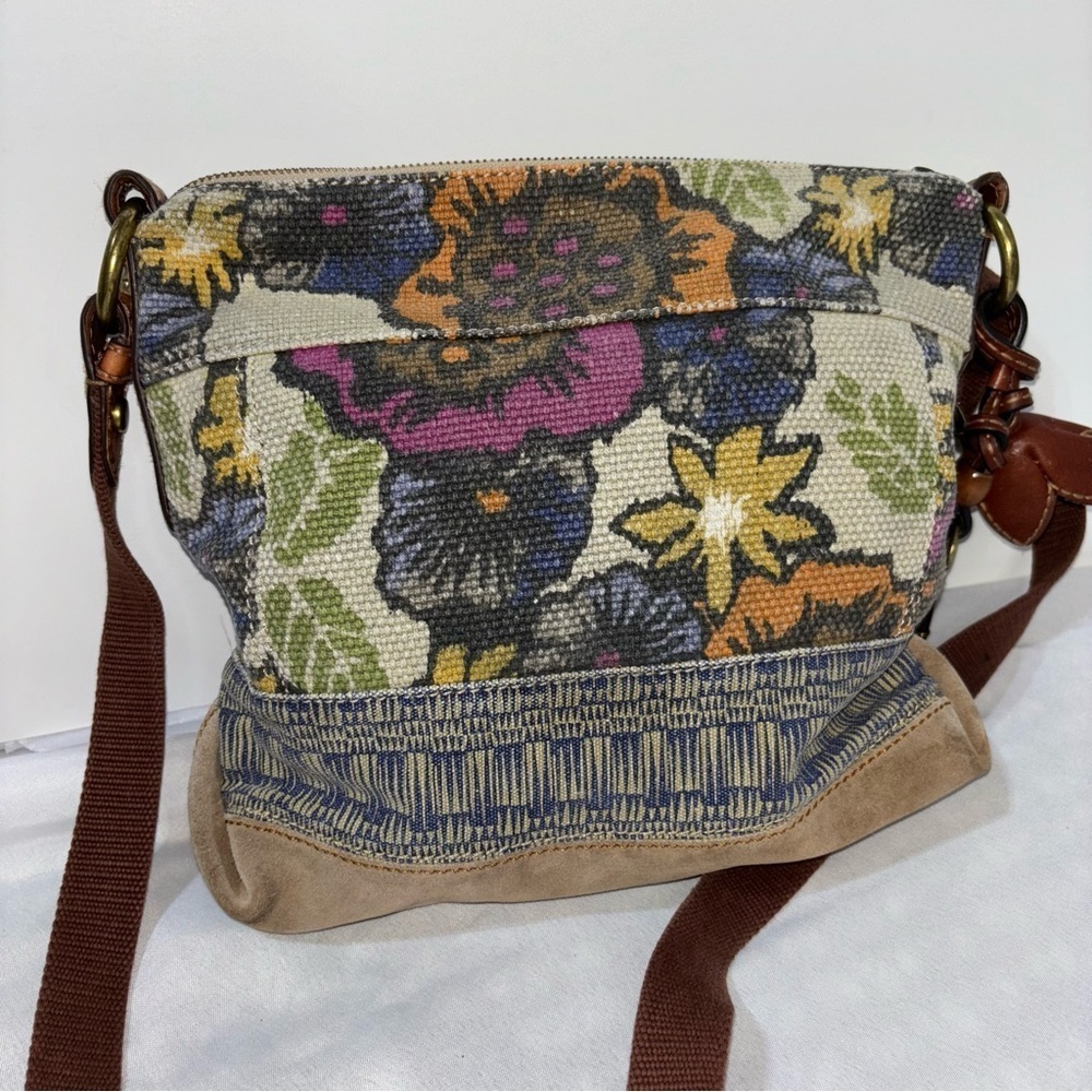 FOSSIL Vtg Boho Floral Canvas Suede Leather Crossbody Shoulder Bag - Picture 3 of 14